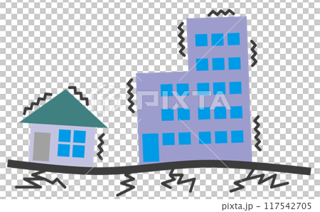 住宅や建物が揺れて倒壊する大震災のイラスト 117542705