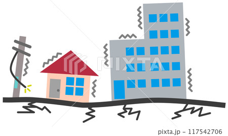 住宅や建物が揺れて倒壊する大震災のイラスト 117542706