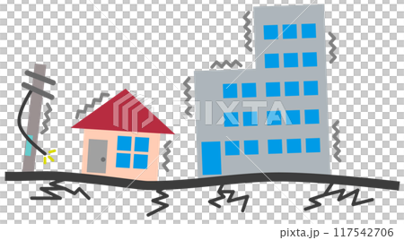 住宅や建物が揺れて倒壊する大震災のイラスト 117542706