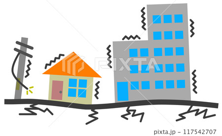 住宅や建物が揺れて倒壊する大震災のイラスト 117542707