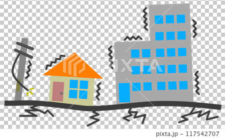 Illustration of a major earthquake in which houses and buildings shake and collapse 117542707