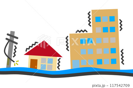 住宅や建物が揺れて倒壊する大震災のイラスト 117542709