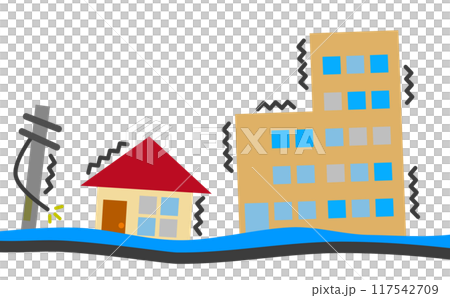 住宅や建物が揺れて倒壊する大震災のイラスト 117542709
