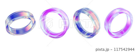 3D glass ring set, purple transparent plastic geometric glossy shape, retro futuristic flying circle 3D glass ring set, purple transparent plastic geometric glossy shape, retro futuristic flying circle 117542944