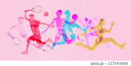 Collage. Colorful silhouettes of professional sportsmen in motion overlaid on each other again pastel pink background. 117543009