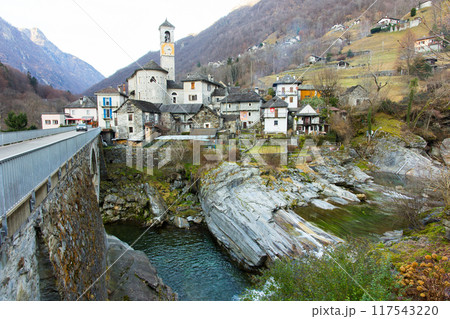 River, bridge, buildings in the town of Lavertezzo. Switzerland. Alps River, bridge, buildings in the town of Lavertezzo. Switzerland. Alps 117543220