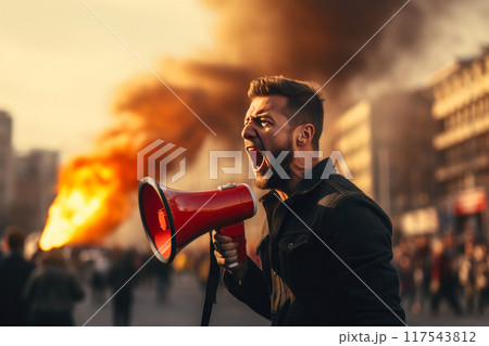 Fervent Activist Voices Outrage in Public Demonstration 117543812