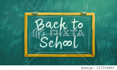 back to school text drawing with chalk on blackboard illustration 117543863