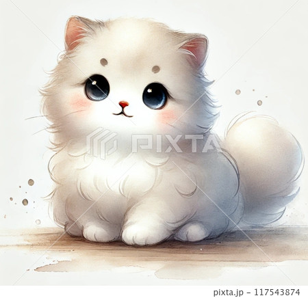 水彩画の白いもふもふ猫 117543874