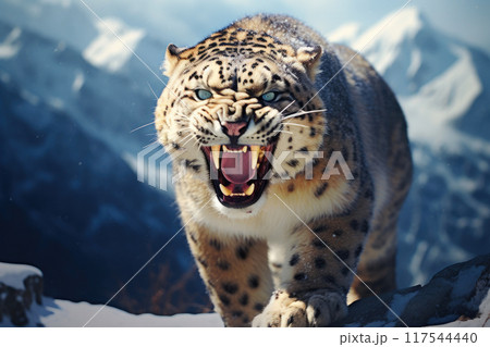 Mountain Monarch: Snow Leopard in Pristine Snowscape 117544440