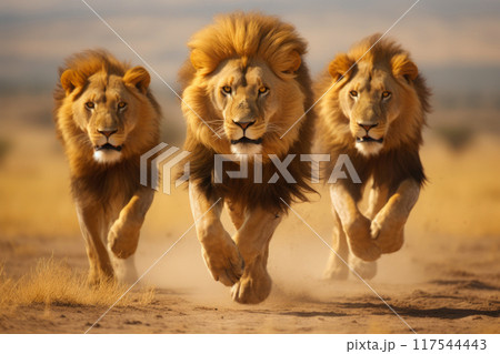 Majestic Barbary Lions in Savanna Sprint 117544443
