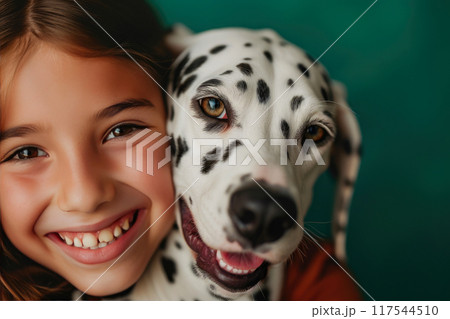 Playful Bond: Child's Grinning Face and Dalmatian Playful Bond: Child's Grinning Face and Dalmatian 117544510