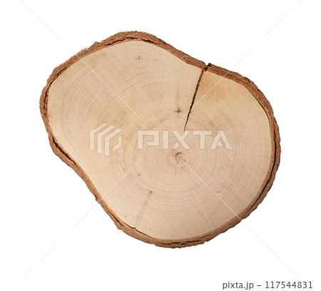 This wooden plate, showcasing natural grain and texture, serves as a versatile signboard or display base. Its rustic appeal is highlighted by a rough bark edge, isolated on a white background. 117544831