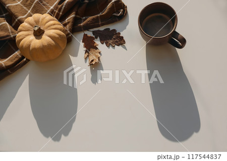 Autumn, fall still life composition with orange pumpkin, dried oak leaves. Cozy home decor banner. Coffee cup, checkered tea towel on white table background. Flat lay, top view Thanksgiving, Halloween 117544837