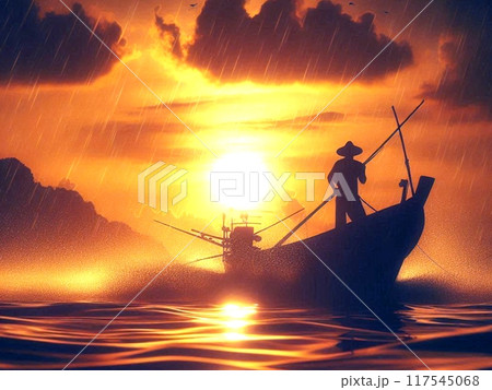 Illustration of a silhouette of a fisherman riding a boat in the middle of the ocean at sunset.  117545068