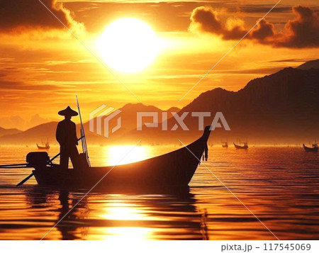 Illustration of a silhouette of a fisherman riding a boat in the middle of the ocean at sunset.  117545069