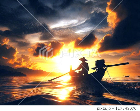 Illustration of a silhouette of a fisherman riding a boat in the middle of the ocean at sunset.  117545070