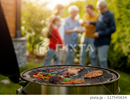 Family cooking barbecue grill in the garden 117545634