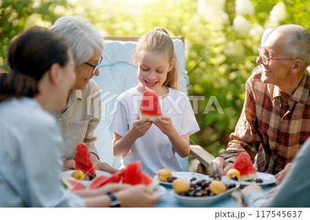 family spending time together in summer morning 117545637