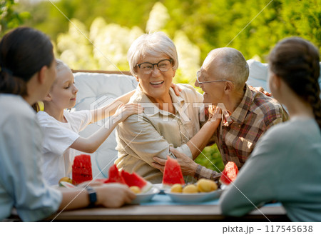 family spending time together in summer morning family spending time together in summer morning 117545638