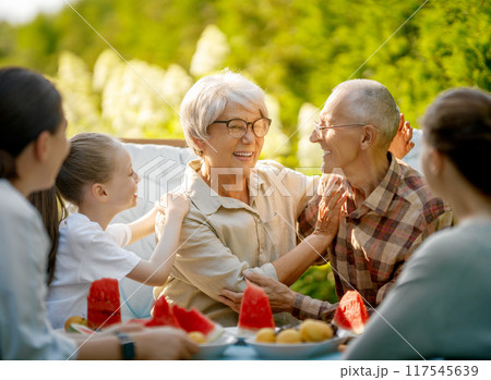 family spending time together in summer morning family spending time together in summer morning 117545639