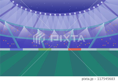 Cartoon Color Soccer Football Stadium with Empty Field and Spotlights Concept Flat Design Style. Vector illustration 117545683