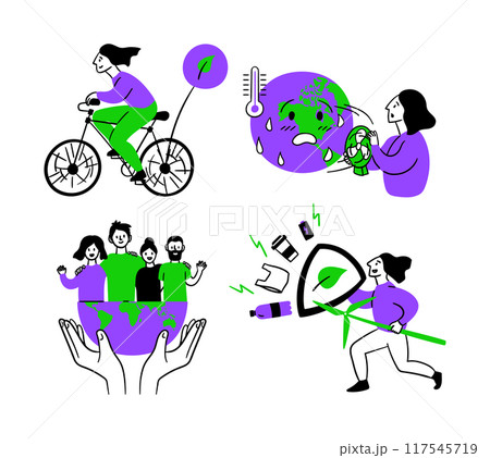 Cartoon Color Eco Friendly Lifestyle Protection Planet Concept Scenes Set. Vector illustration of Saving from Climate Change 117545719
