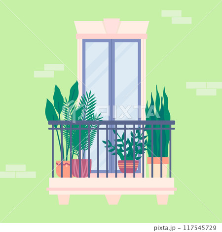 Cartoon Color Urban Architecture Balcony with Plant in Flowerpot. Vector illustration of House Exterior Decorated with Plants 117545729