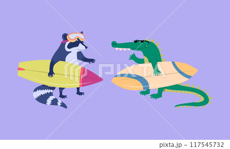 Cartoon Color Characters Animal Crocodile and Raccoon Surfers Set Summer Vacation Activity Surfboarding Concept Flat Design Style. Vector illustration 117545732