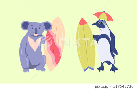 Cartoon Color Characters Animal Penguin and Koala Surfers Set Summer Vacation Activity Surfboarding Concept Flat Design Style. Vector illustration 117545736