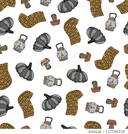 Cozy autumn seamless pattern. fall elements for fabric, wrapping paper, background 117546310