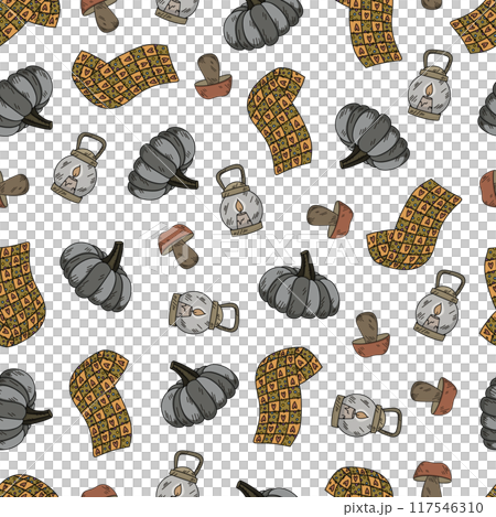 Cozy autumn seamless pattern. fall elements for fabric, wrapping paper, background 117546310