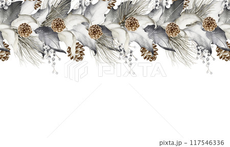 Christmas Watercolor frame. Winter Botanical Xmas Border of with holly leaves, berries, pinecones on white background. Holiday illustration for wedding design. 117546336