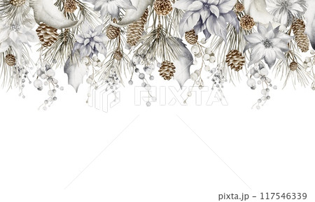 Christmas Watercolor Invitation. Winter Botanical Xmas frame. Border of flowers poinsettia, coniferous s, berries, pinecones on white background. Holiday illustration for wedding design. Christmas Watercolor Invitation. Winter Botanical Xmas frame. Border of flowers poinsettia, coniferous s, berries, pinecones on white background. Holiday illustration for wedding design. 117546339