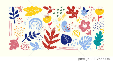 abstract tropical shapes and circles. Hand drawing various shapes, leaves, spots 117546530