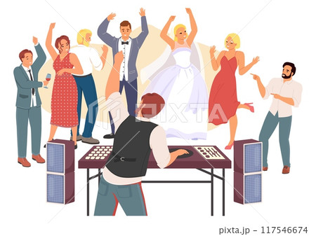 Wedding party celebration with dj mixing music tracks on turntable console Wedding party celebration with dj mixing music tracks on turntable console 117546674