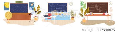 Astronomy, mathematics and biology school classroom interior set 117546675