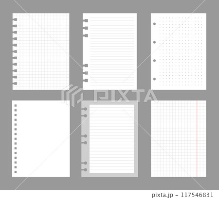 Set of notebook sheets isolated on gray background. Realistic white blanks of checkered, lined and dots paper. Different vertical pages from diary. Vector template 117546831