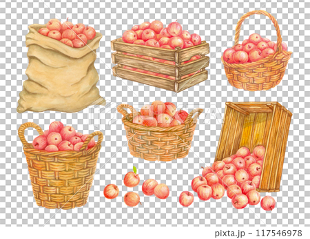 Containers for collecting and storing harvest. Canvas sack of apples. Old wooden crates with fruits. Watercolor wicker baskets full of crop. Set of isolated hand drawn farmers market or garden clipart 117546978