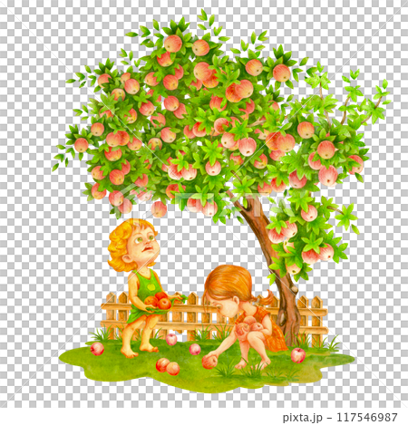 Children in orchard. Toddler girl waiting for apple to fall from a tree into her dress hem. A girl older harvesting fallen fruits from ground. Watercolor illustration for garden prints and design 117546987