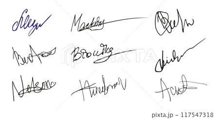 Fake signature hand drawn sample own autograph. Fictitious handwritten signature. Blue ink color. Scribble for sample contracts documents certificates or letters. Vector illustration. 117547318