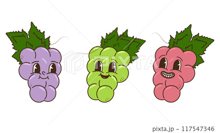 Fruits and berries in groovy style set. Grapes are different colors. Characters trendy retro, comic mascot. Design banner poster. Y2k Hippie 70s, 80s. Vector illustration. 117547346
