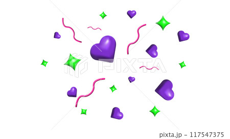 3d Confetti Firecracker Ribbon Paper Element Set. Heart spiral and star. Bright colored figures fly in different directions. Poster design postcard banner web design. Vector. 117547375