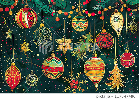 Christmas greeting card with bright winter holiday composition and New Year background Christmas greeting card with bright winter holiday composition and New Year background 117547490
