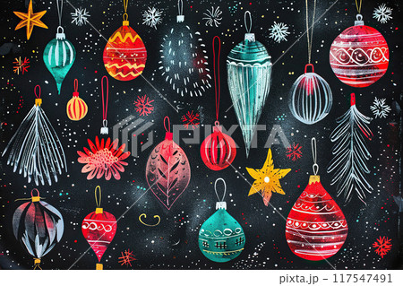 Christmas greeting card with bright winter holiday composition and New Year background Christmas greeting card with bright winter holiday composition and New Year background 117547491