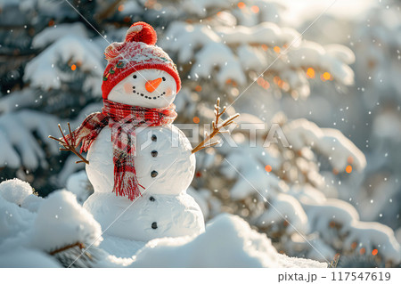 Christmas greeting card with bright winter holiday snowman and New Year background Christmas greeting card with bright winter holiday snowman and New Year background 117547619
