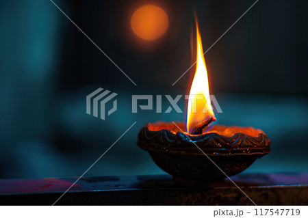 Beautiful greeting card with bright holiday composition for happy and celebrate Diwali 117547719
