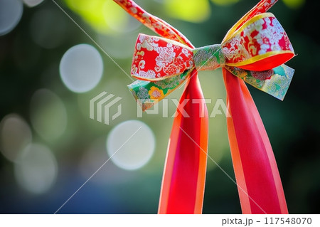 Colorful floral patterned bow against blurred green nature background with bokeh effect 117548070