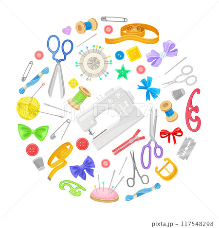 Needlework Round Composition Design with Tailor and Sewing Equipment Vector Template 117548298