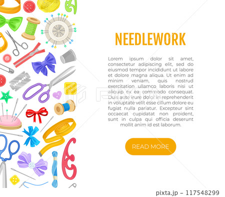 Needlework Banner Design with Tailor and Sewing Equipment Vector Template 117548299